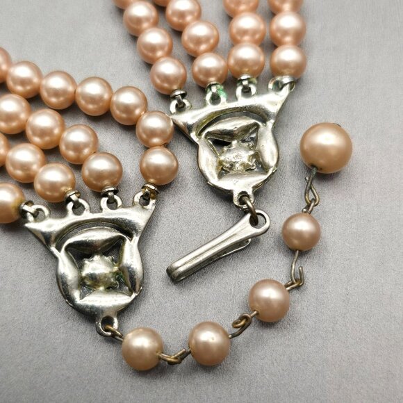 VTG Multi-Strand Faux Pearl Choker Necklace 14.5" Rhinestone Hook Clasp - Picture 5 of 10